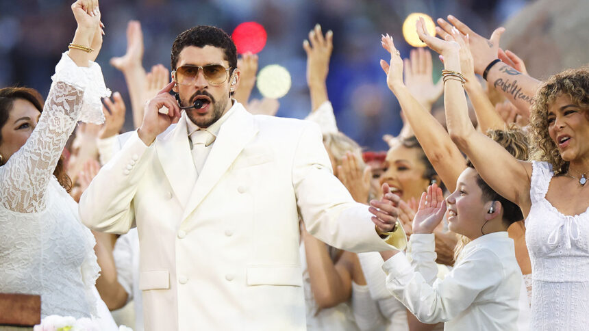 Bad Bunny performing at Super Bowl LX halftime show 2026 with Puerto Rican flag